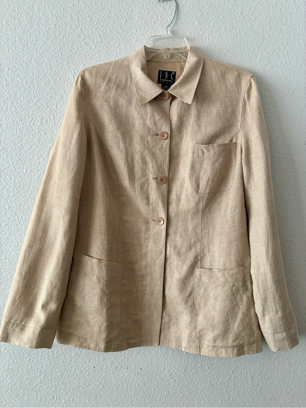 INC International Concepts Light Cream Button-Front 💯 Linen Blazer VTG Earthy